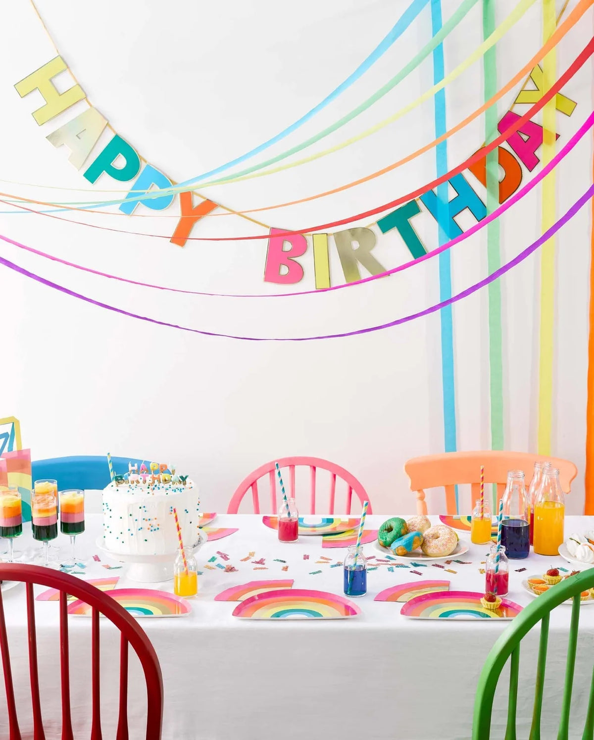 Prestrung happy birthday banner hanging across a party table