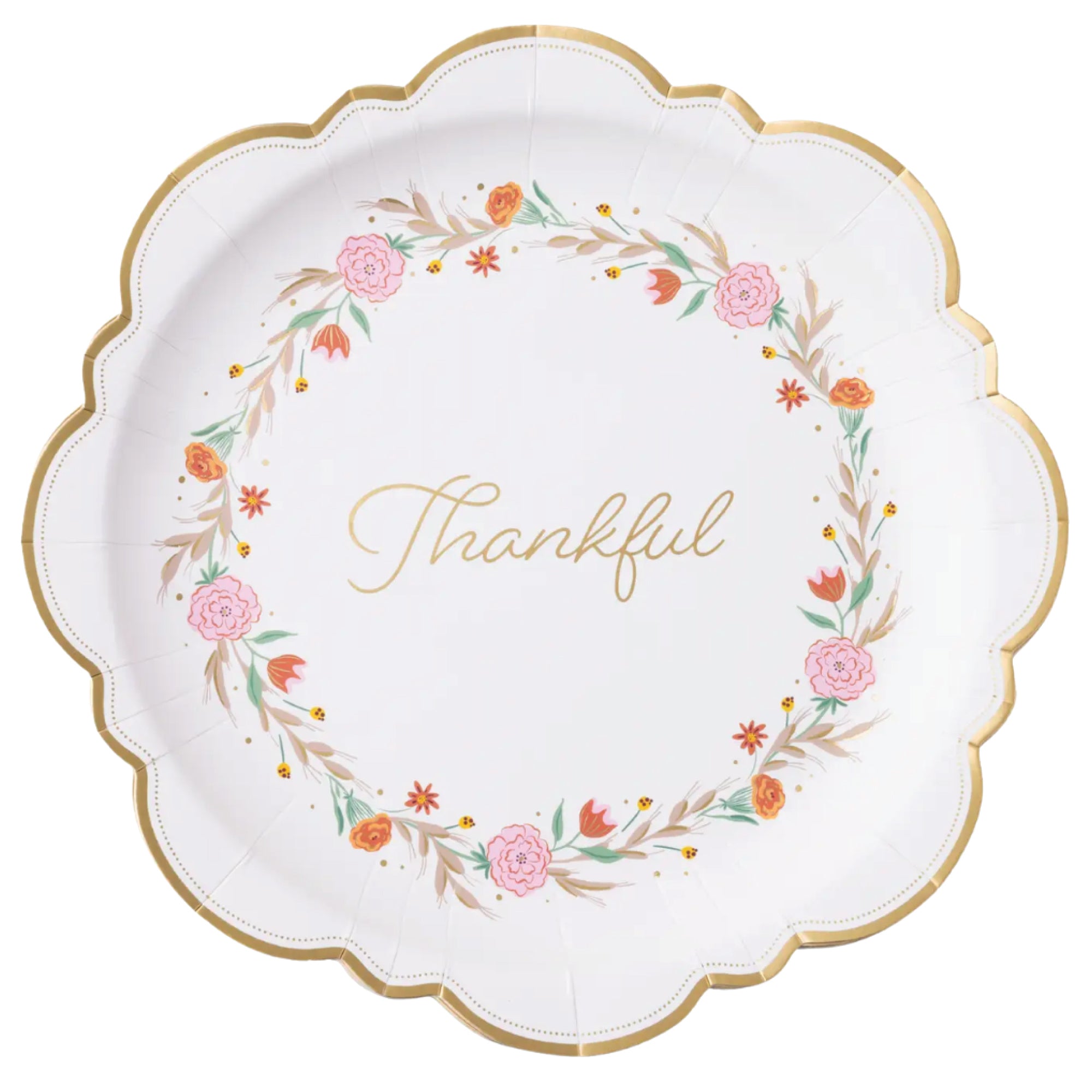 Thankful Fall Floral Dinner Plates with scalloped gold edge