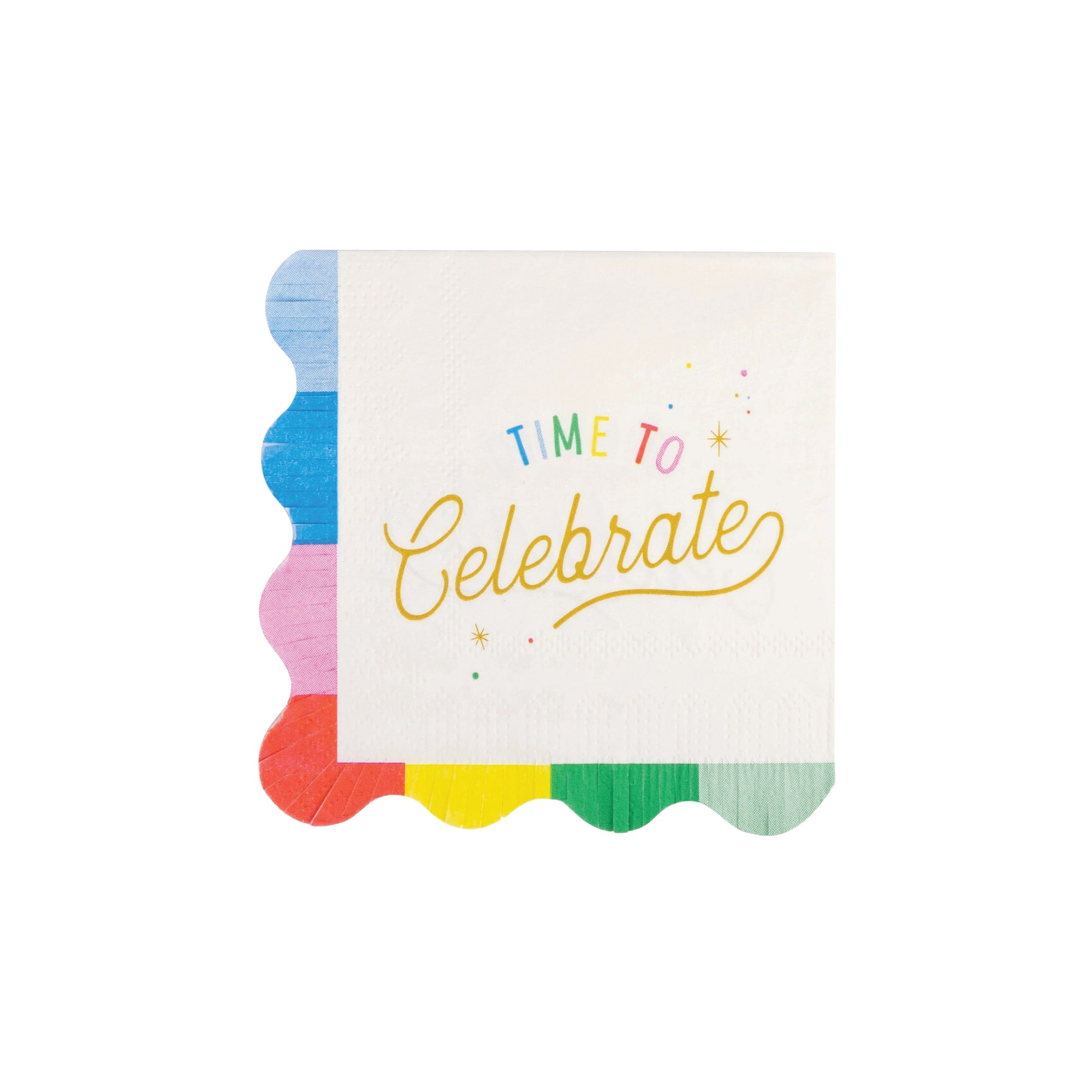 backside of Rainbow scalloped dessert napkin with Time To Celebrate text