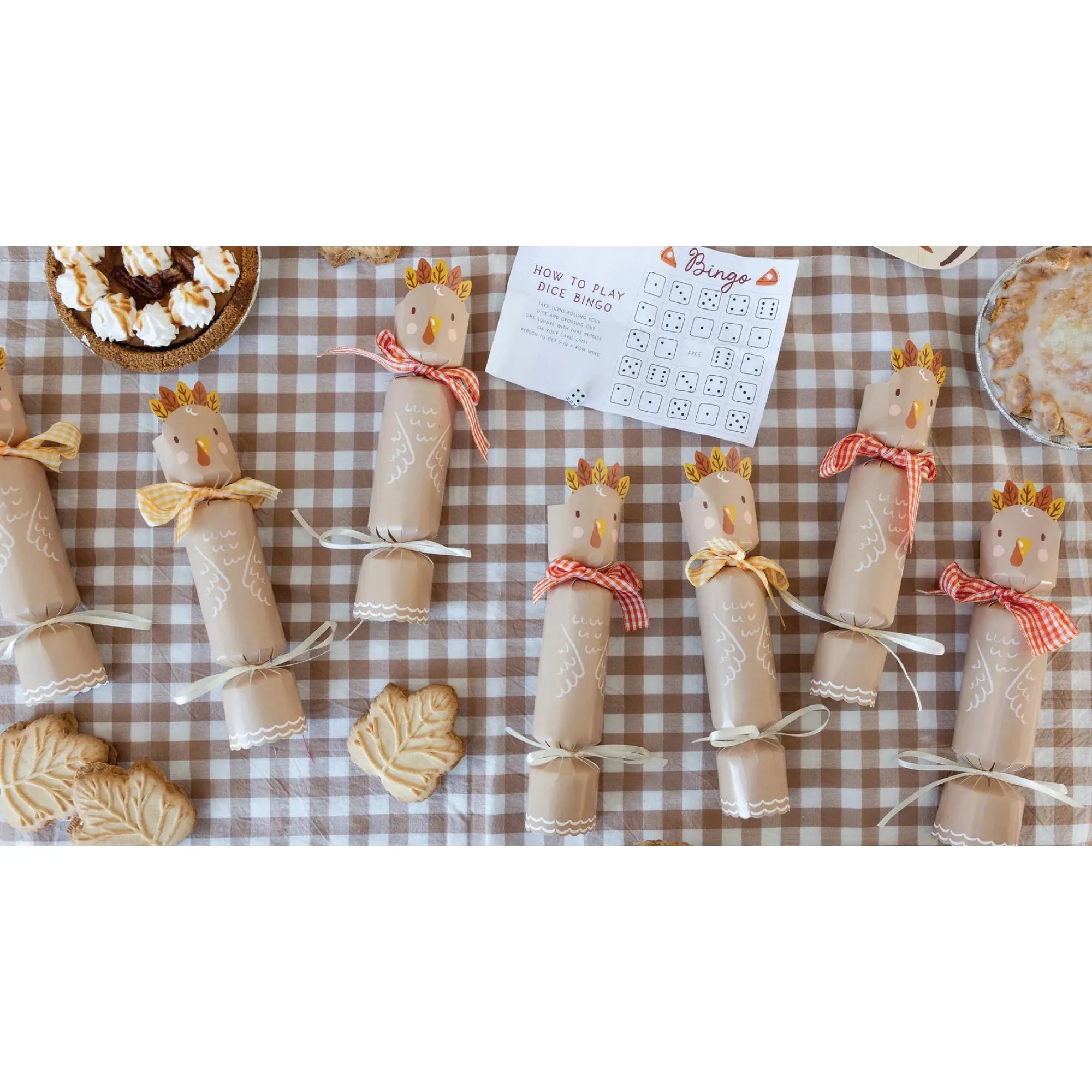 Turkey crackers with gingham bows for Thanksgiving table décor
