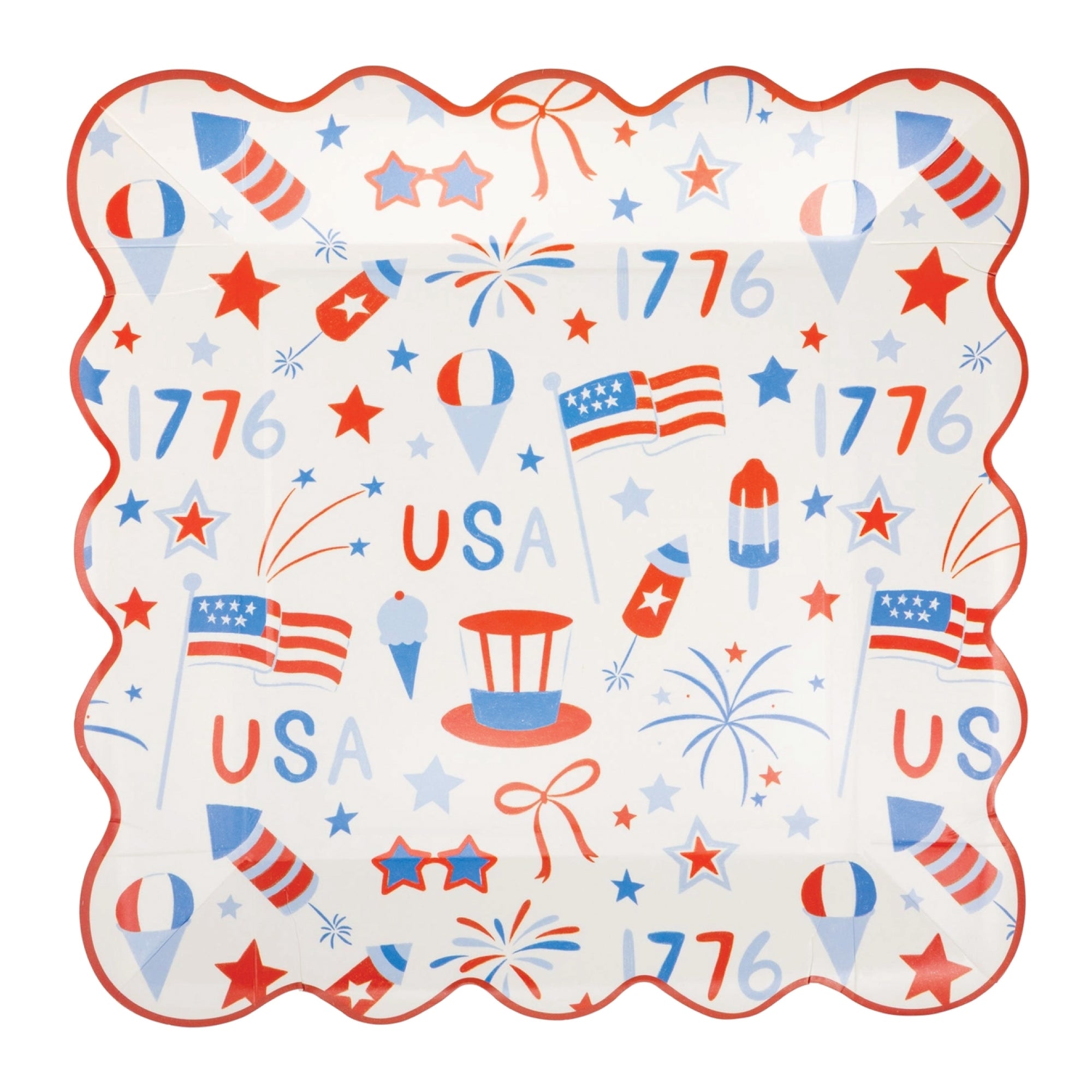 White plate with red and blue patriotic icons and scalloped edge