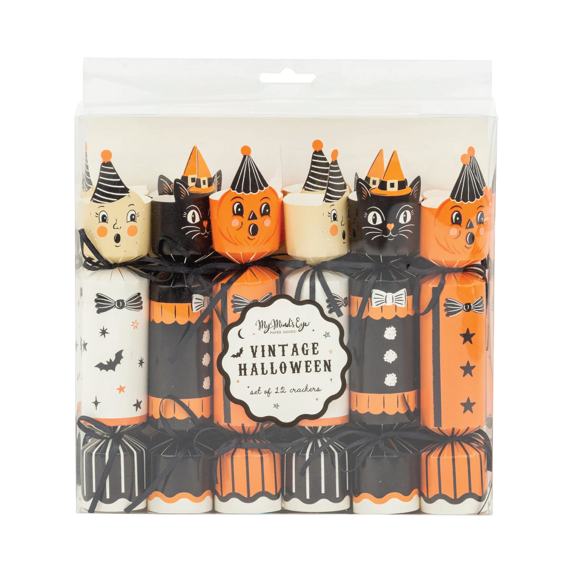 Orange, black, and cream Halloween party crackers with ribbon ties