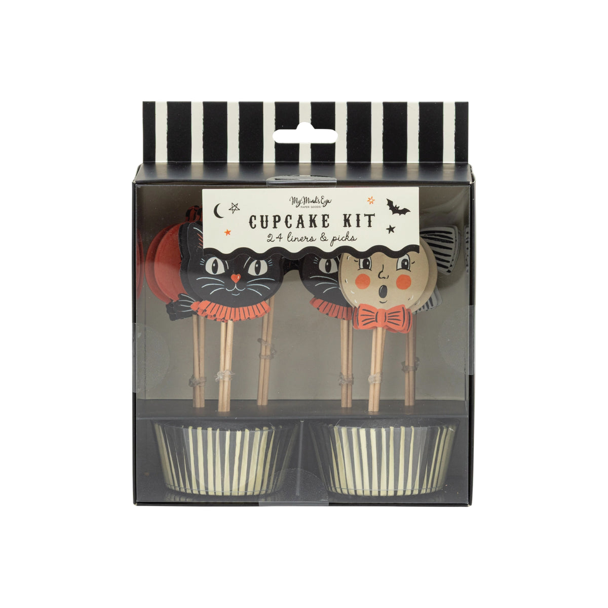 Retro Halloween cupcake toppers with pumpkin, black cat, moon, bow, and bat
