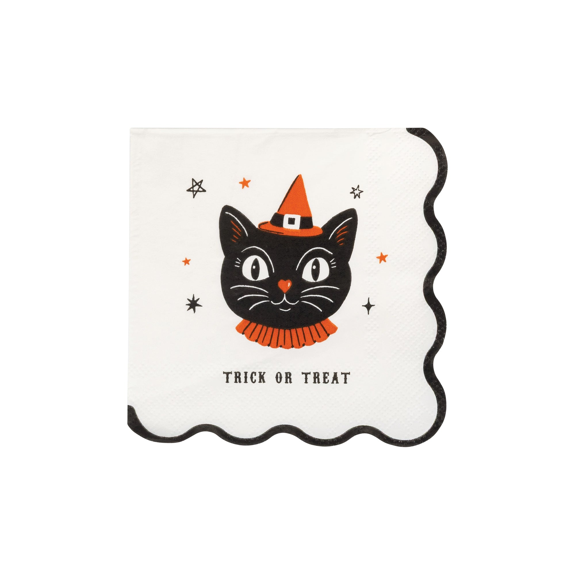 White Halloween dessert napkin with vintage black cat and scalloped edge