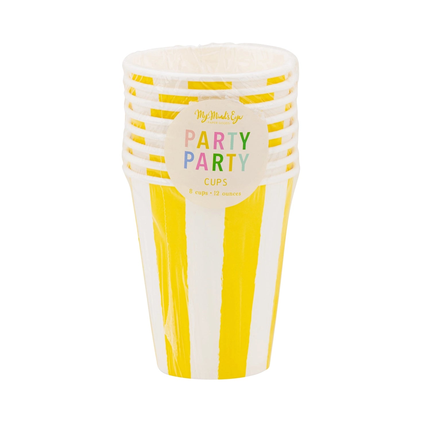 Set of yellow and white striped party cups in package