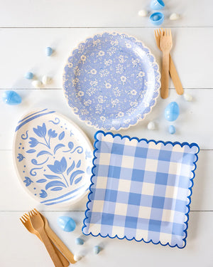 Blue Gingham Scalloped Square Lunch Plates 8ct