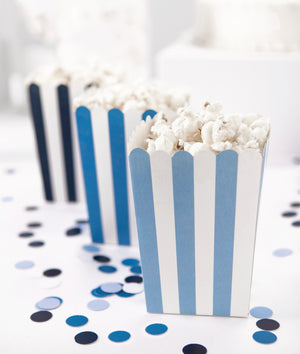 Blue Striped Popcorn Boxes with Popcorn