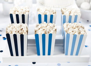 Six Blue Striped Popcorn Boxes with Popcorn