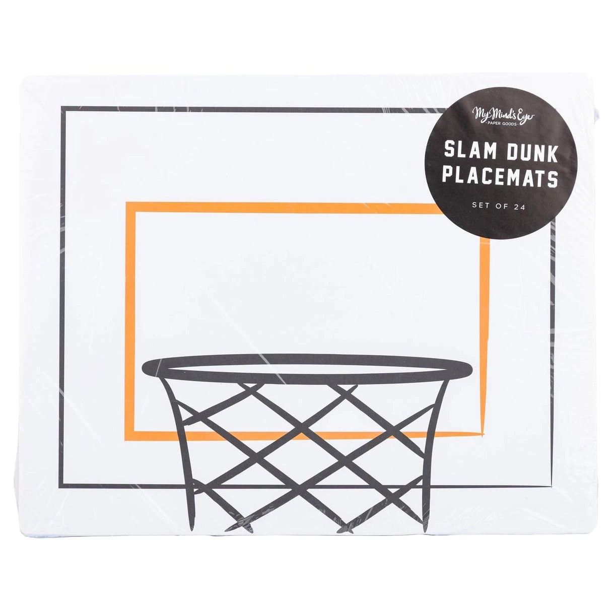 Packaging of 'Slam Dunk' placemats with a basketball hoop design on a white background.