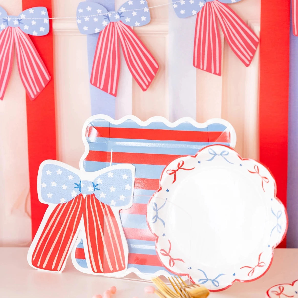 Red and blue bow patriotic party decor