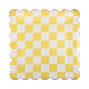 checked square scallop plate yellow | The Party Darling