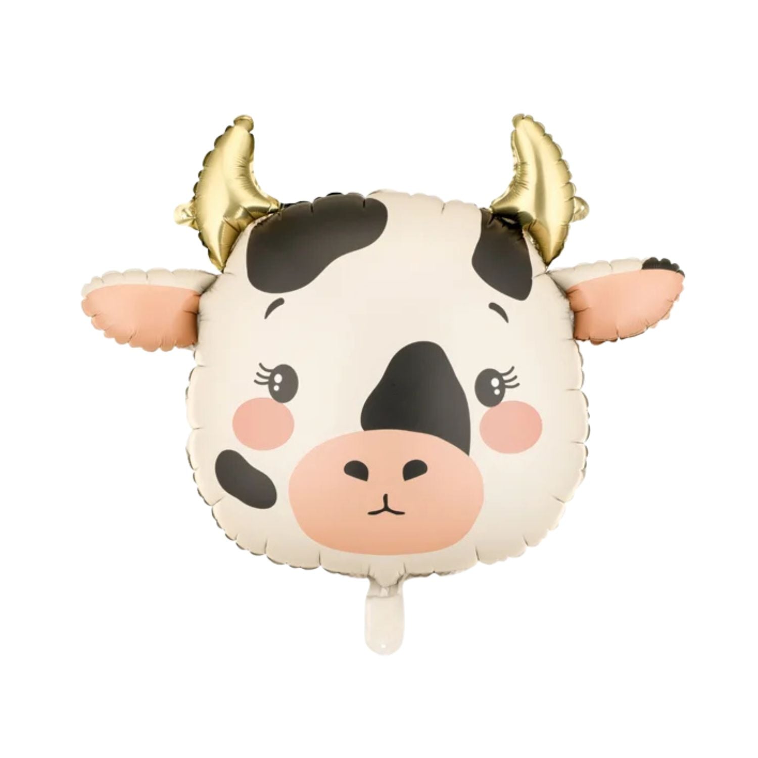 Cow head foil balloon with gold horns and pink cheeks