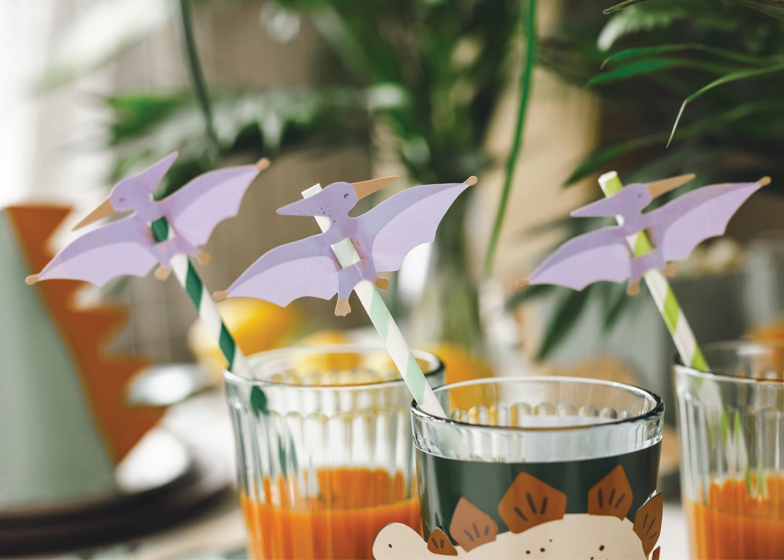 Green & White Striped Pterodactyl Paper Straws 6ct | The Party Darling