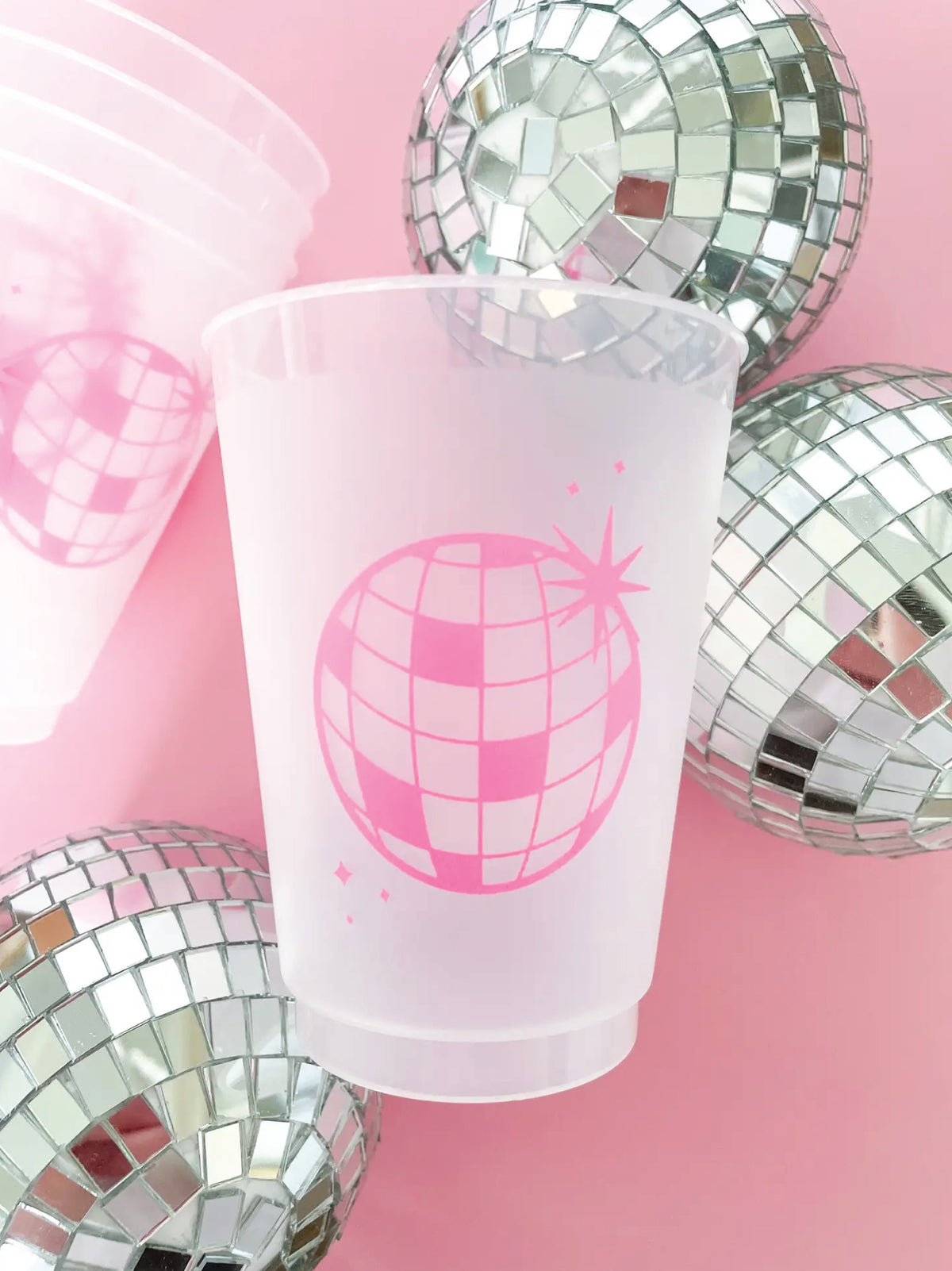 Disco Ball Cups Pink Straws - Set of 4 Silver 16oz Disco Party Cups with  Lids and Reusable Pink Straws - Bachelorette Party Cups