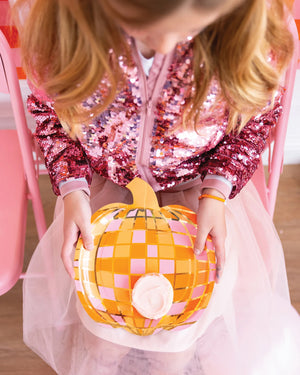 Girl holding Disco Pumpkin Lunch Plates | The Party Darling