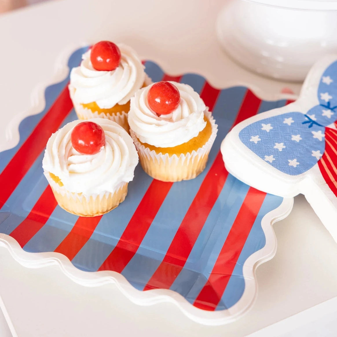 Patriotic striped lunch plates with red and blue design
