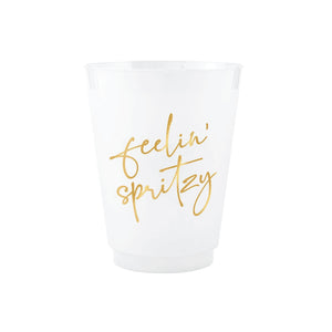 Frosted plastic party cups with gold foil Feelin' Spritzy script