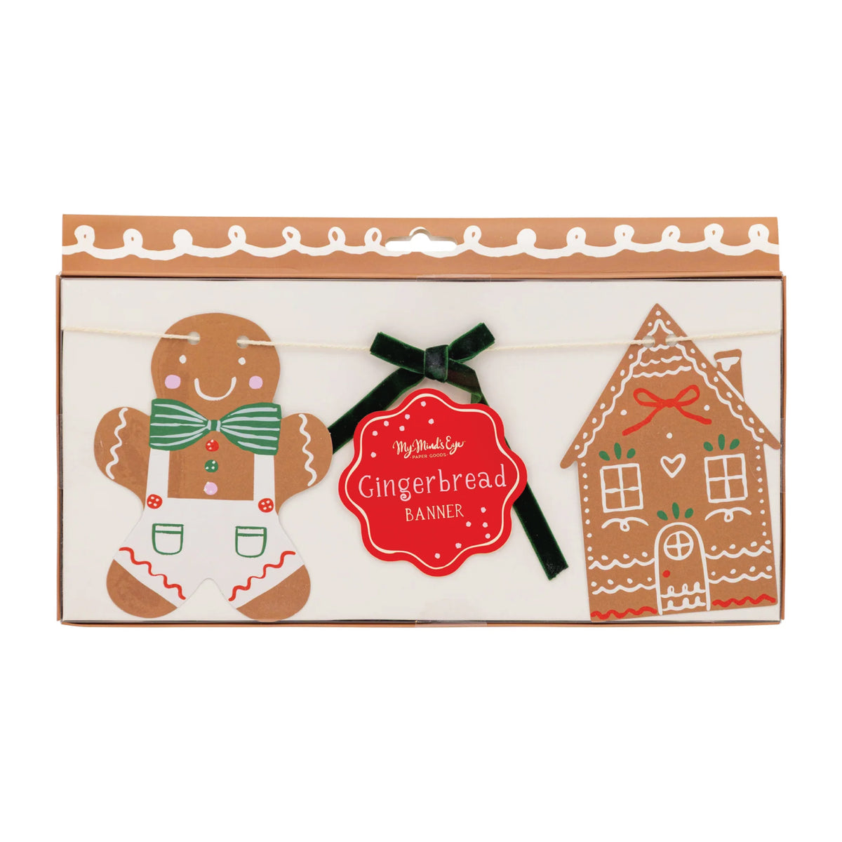 Packaged Gingerbread decorative banner with gingerbread man, house, and velvet bow on a white string.