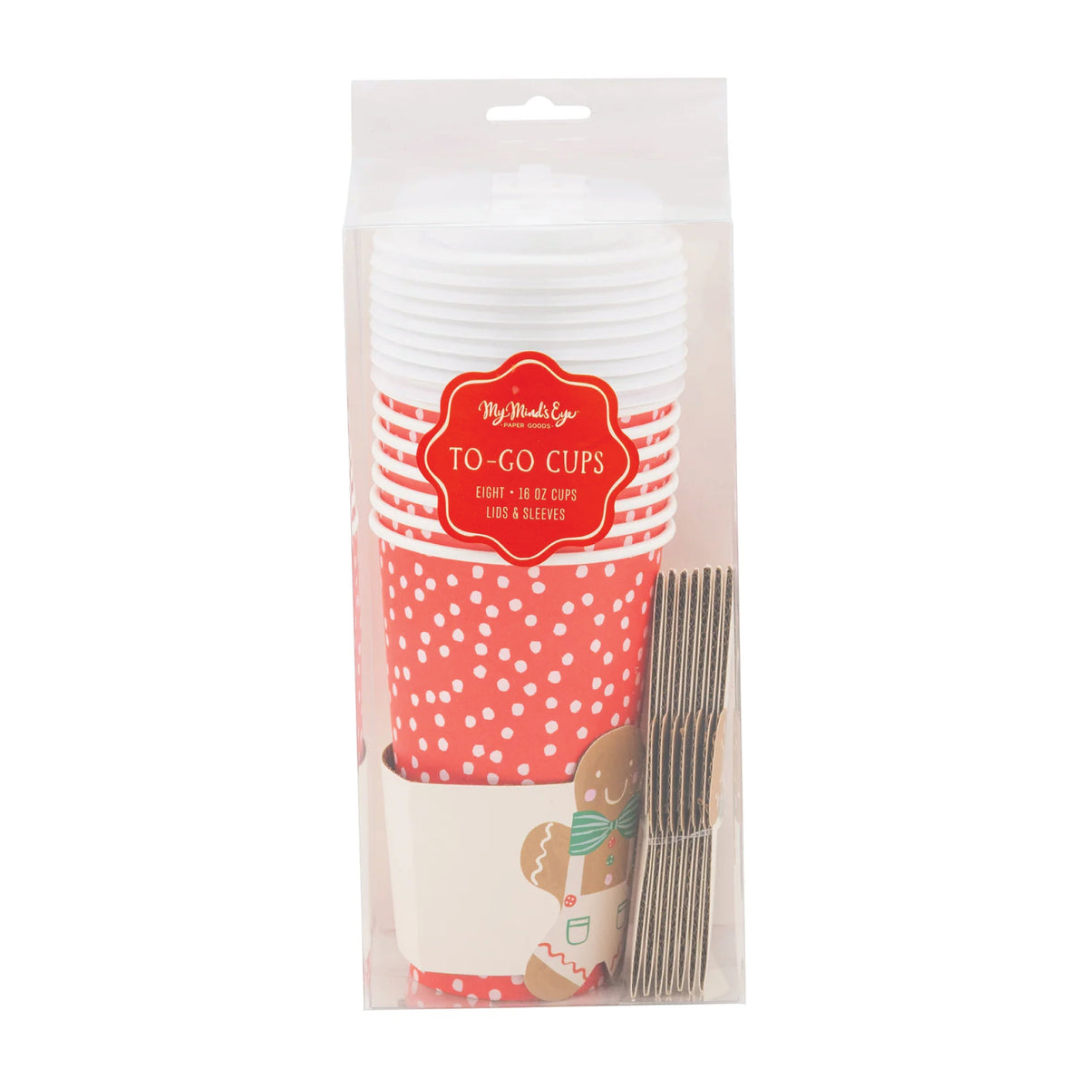 Pack of 8 to-go cups with red polka dots and gingerbread man sleeves and white plastic lids