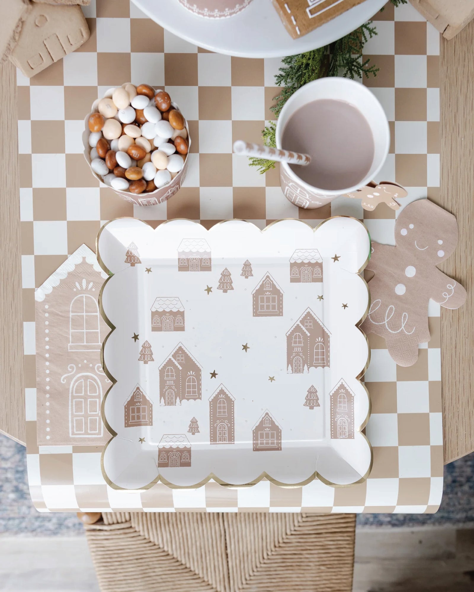 Gingerbread Brown Checkered Paper Table Runner | The Party Darling