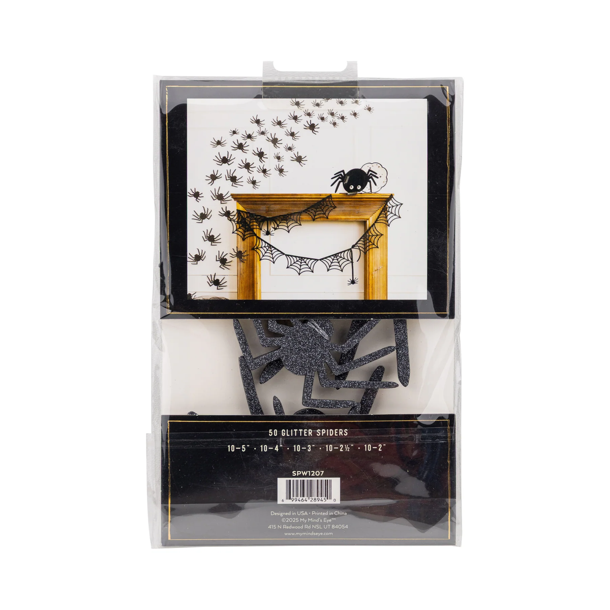Packaged Halloween wall decorations with glitter spiders