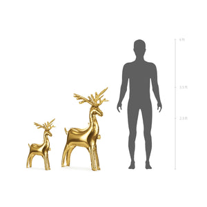 Short and Tall Standing Gold Reindeer Balloon compared to a 6ft tall human