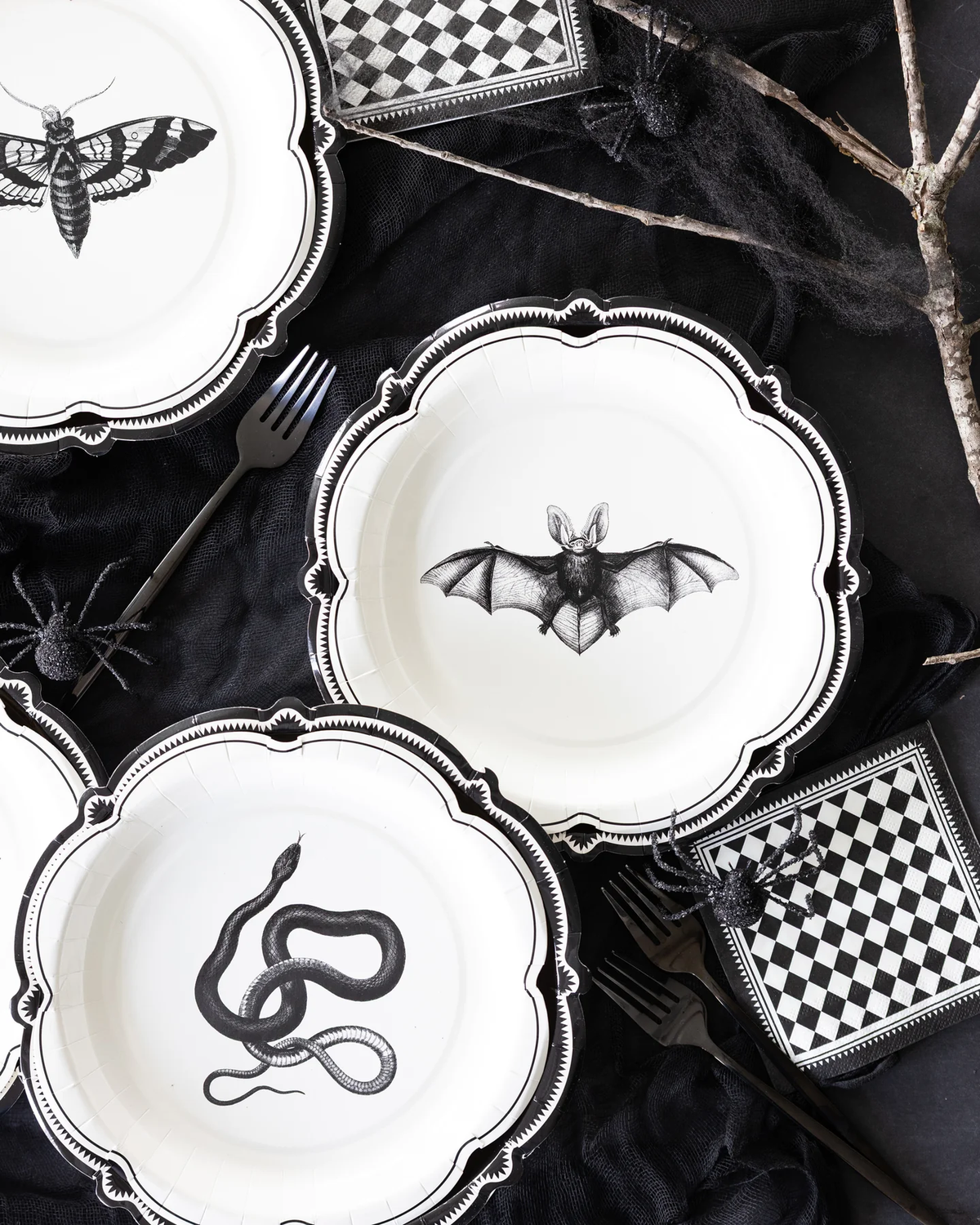 Halloween plates with black checkered cocktail napkins