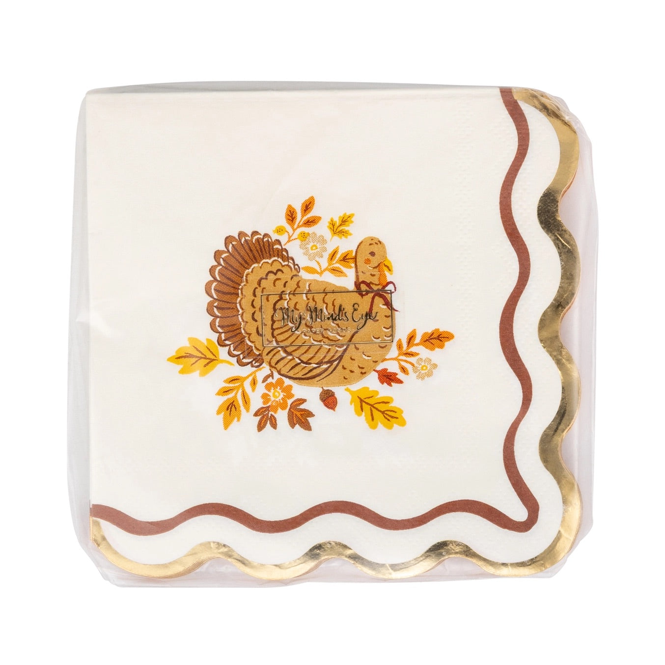 Turkey dessert napkin with wavy brown border and metallic gold detail