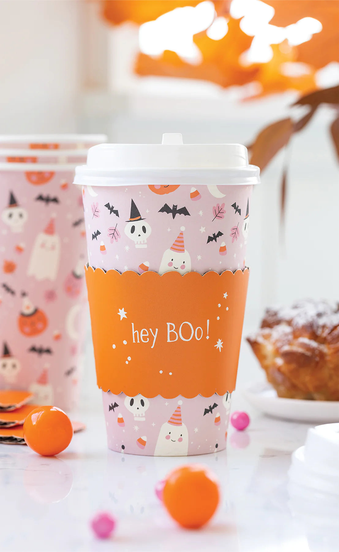 Pink Halloween Ghoul Gang Coffee Cups & Lids 8ct