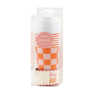 Pink & Orange Checkered Halloween Cups & Lids 8ct | The Party Darling