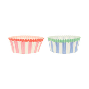 Two paper cupcake liners in Pink and white, and blue and white stripes