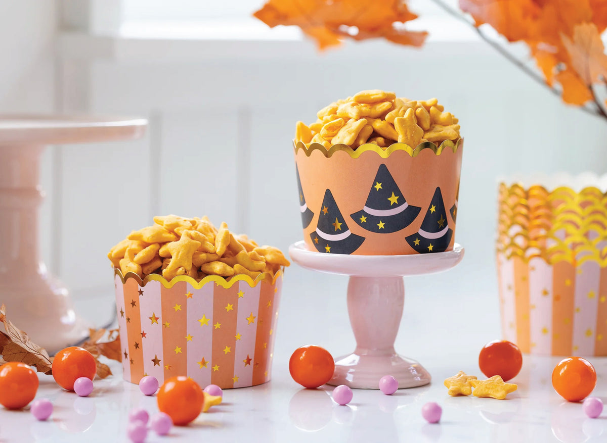 Jumbo Witch Hats &amp; Striped Halloween Food Cups filled with crackers | The Party Darling