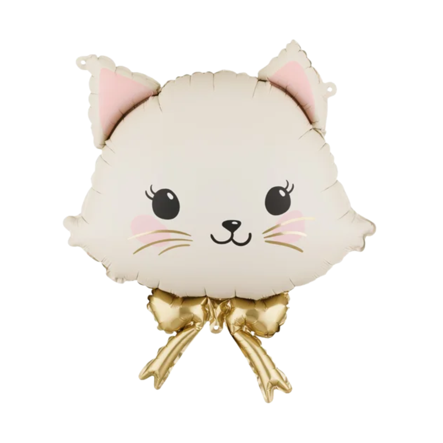Cream kitty head foil balloon with pink ears and metallic gold bow