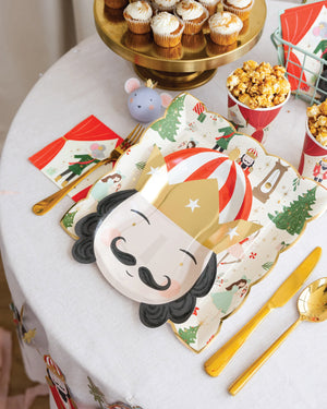 Nutcracker face plates on top of Nutcracker Pattern Square Lunch Plates | The Party Darling