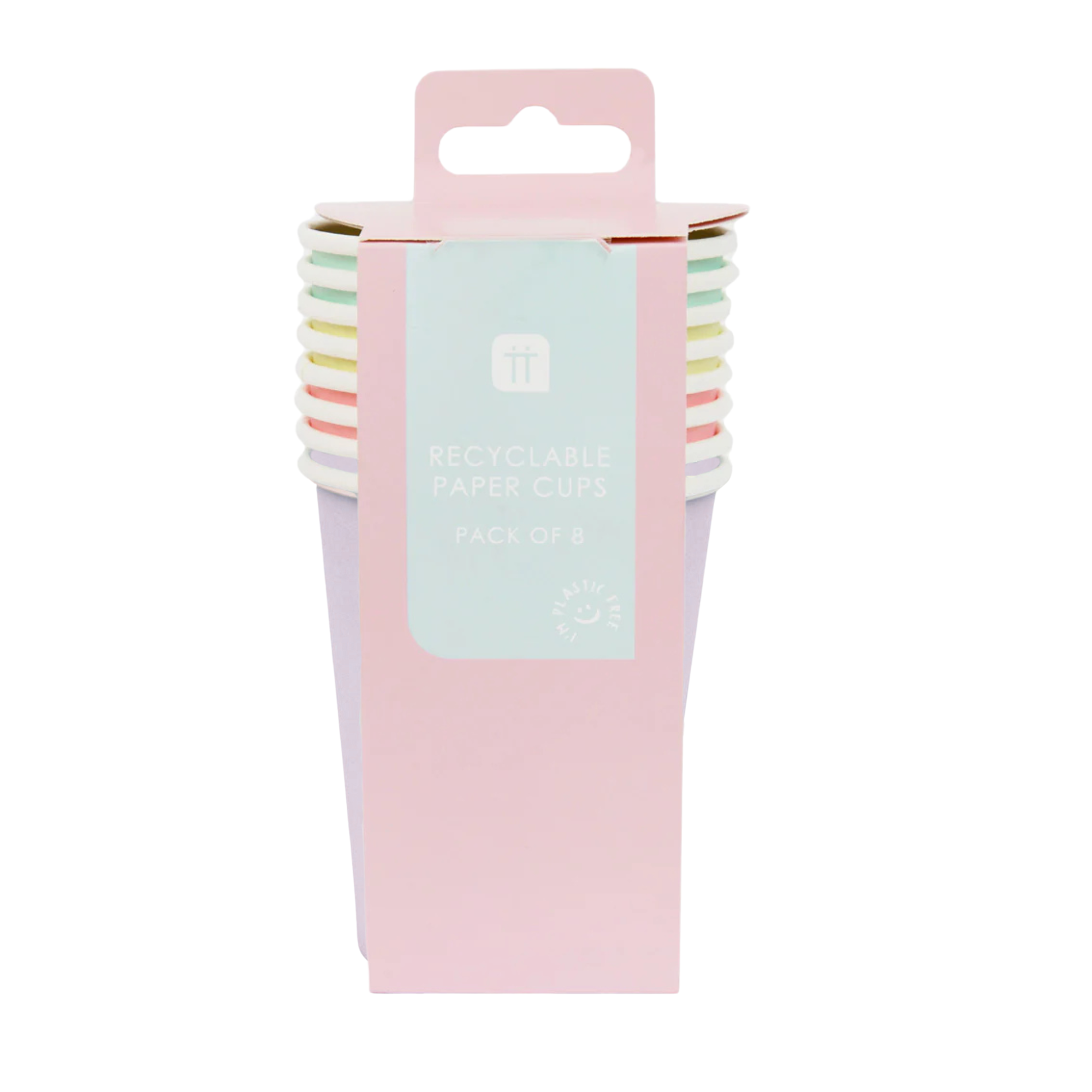 8 Pastel Multicolored Recyclable Paper Cups Packaged | The Party Darling
