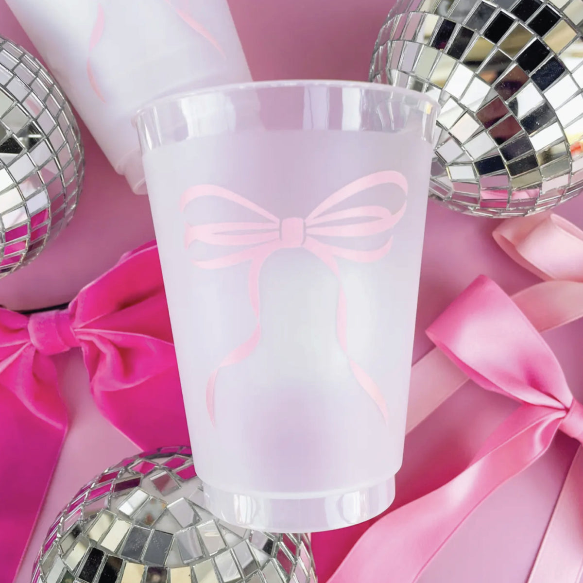 Pink Bow Frosted Plastic Cups 6ct | The Party Darling