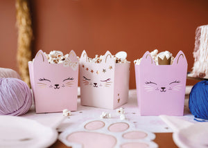 Three pink kitty cat snack boxes filled with popcorn