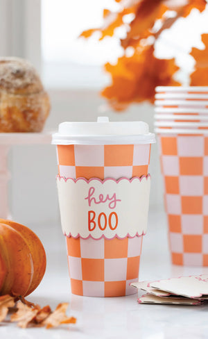 Pink & Orange Checkered Halloween Cup & Lid with a Hey Boo Sleeve | The Party Darling