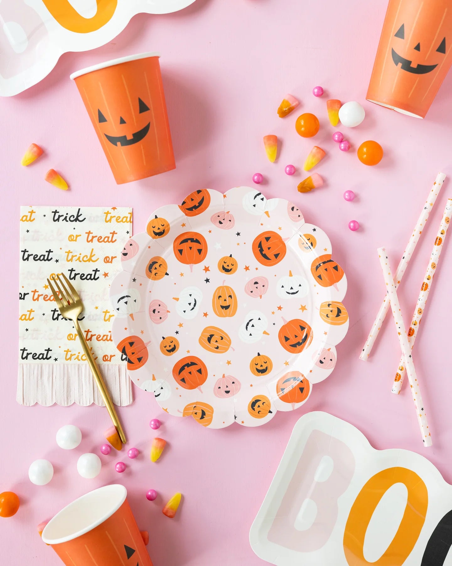 Pink Halloween Jack O'Lantern Plastic Straws 12ct | The Party Darling