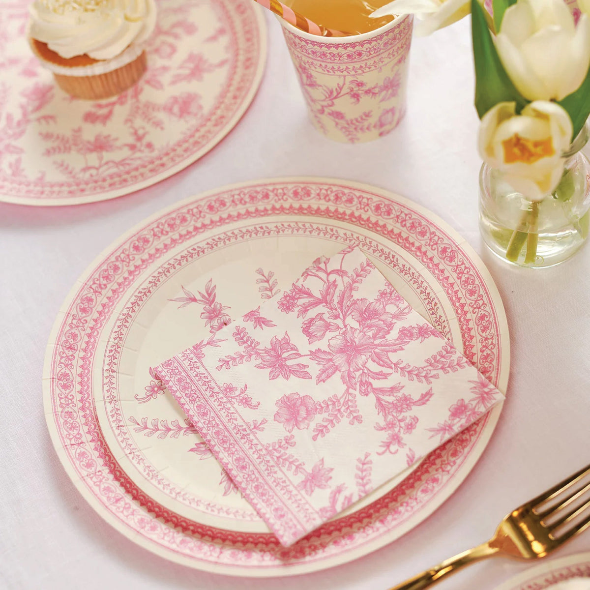 144 Piece Vintage Style Tea Party Supplies with Pink Floral Paper Plates,  Napkins, Cups, and Cutlery, Disposable Tableware Set for Girls Baby Shower,  Wedding, Serves 24 