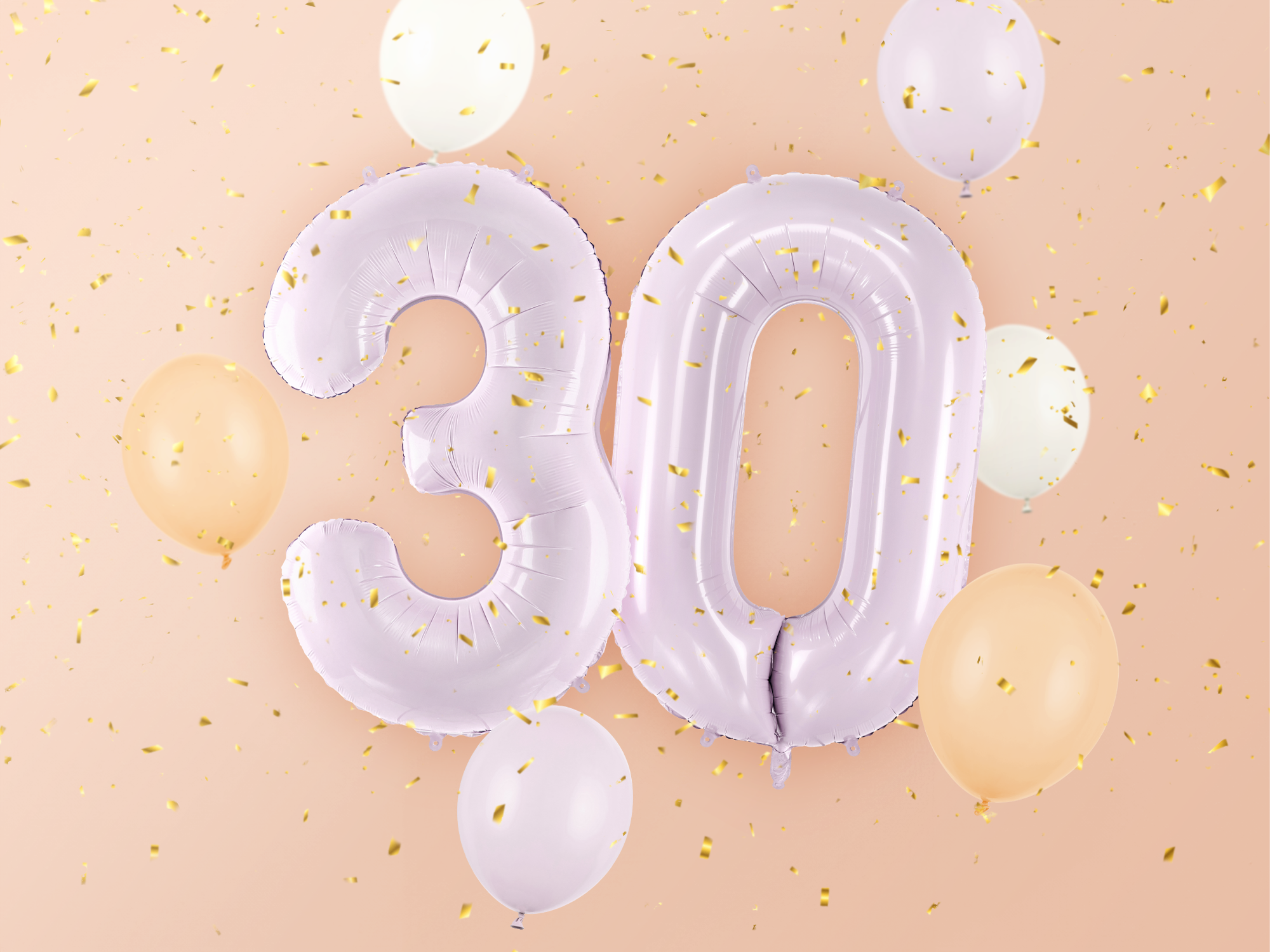 Purple number balloons combined to create 30