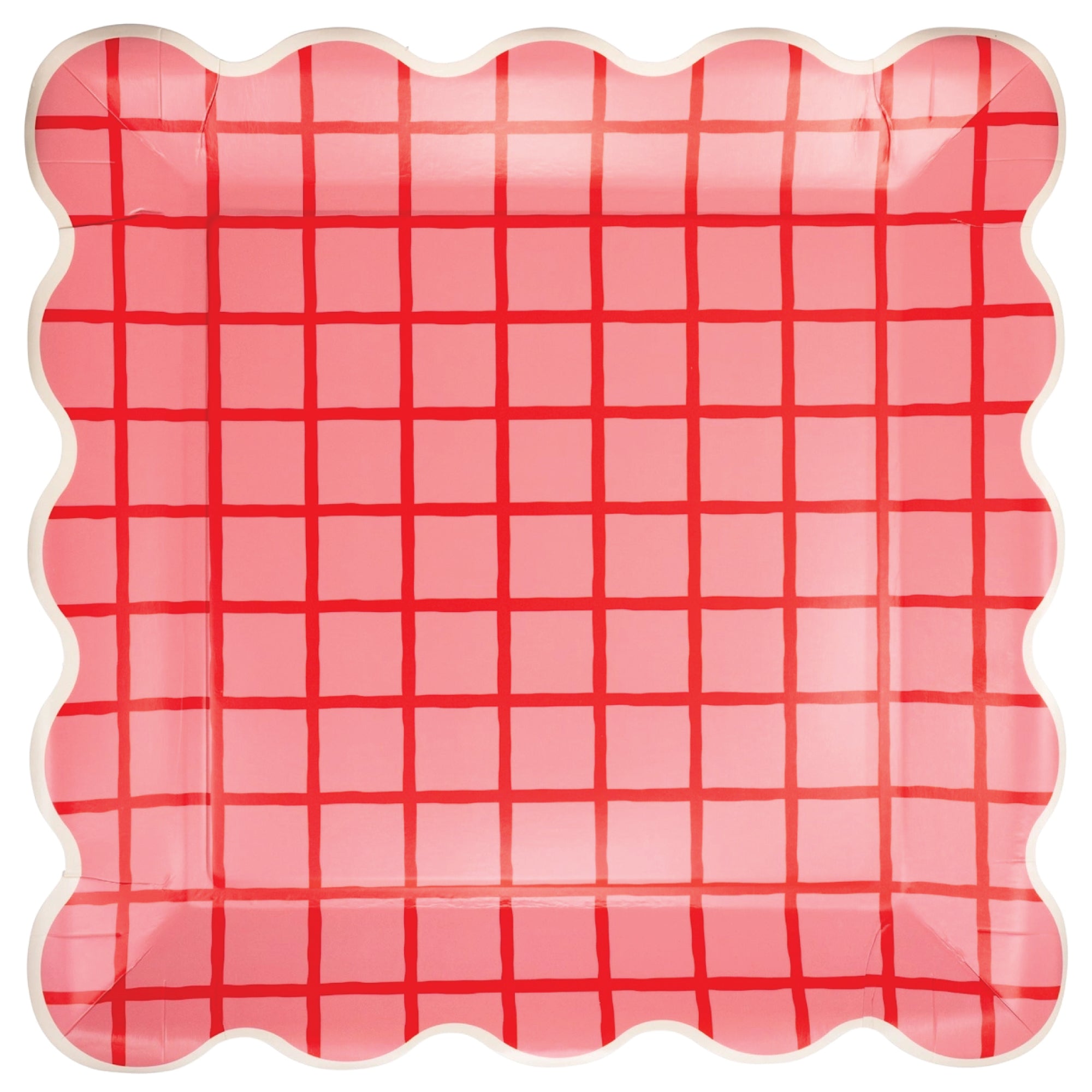 Red and pink grid scalloped square paper plates