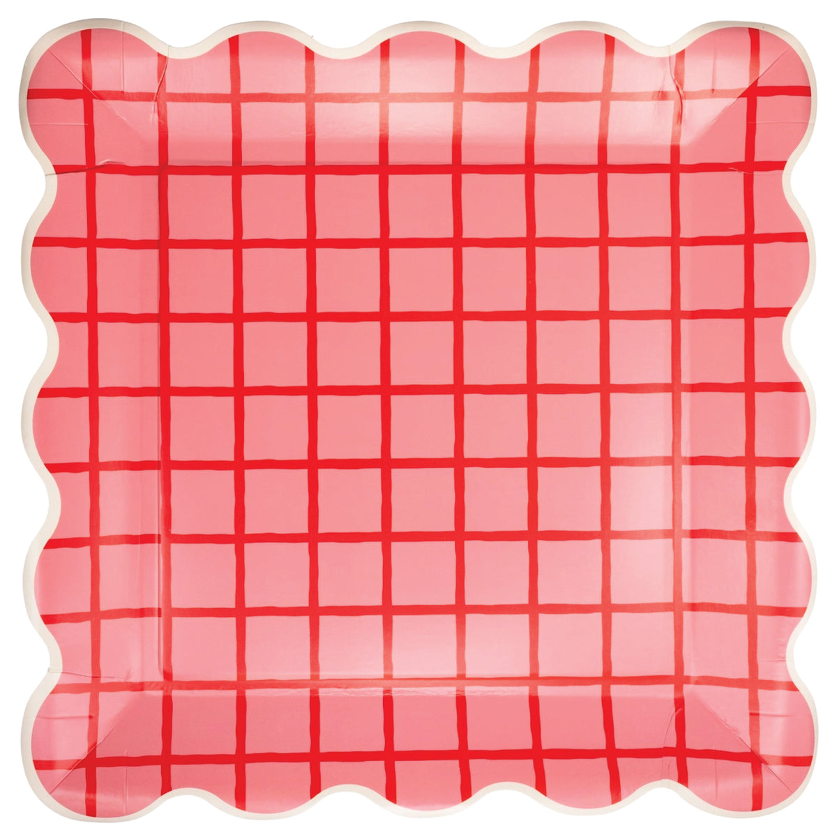 Red and pink grid scalloped square paper plates