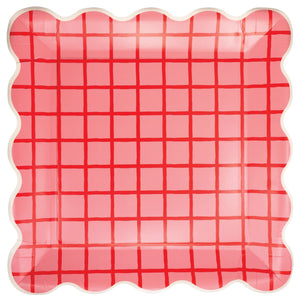 Red and pink grid scalloped square paper plates