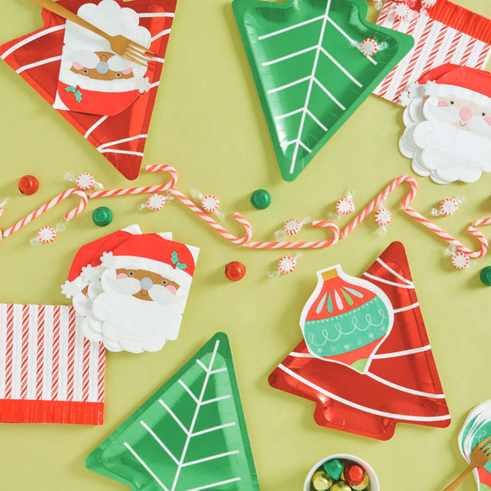 Red &amp; Green Foil Christmas Tree Lunch Plates 8ct