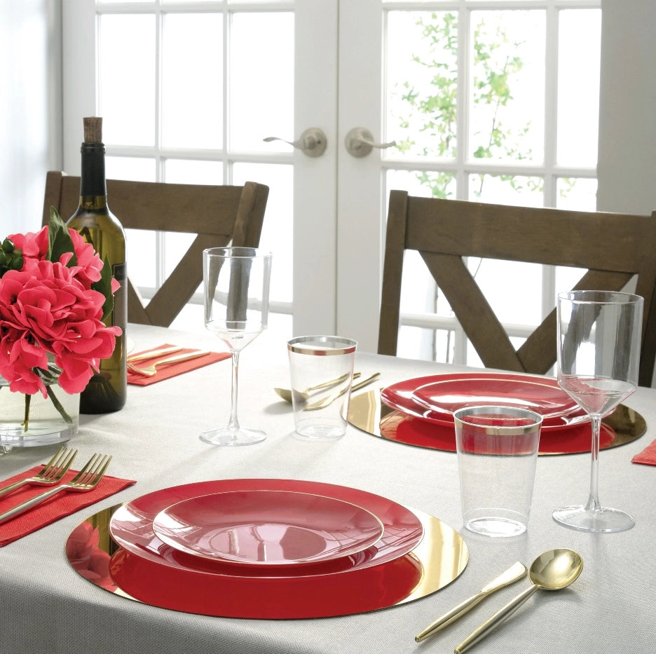 Red plastic dinner plate with gold rim