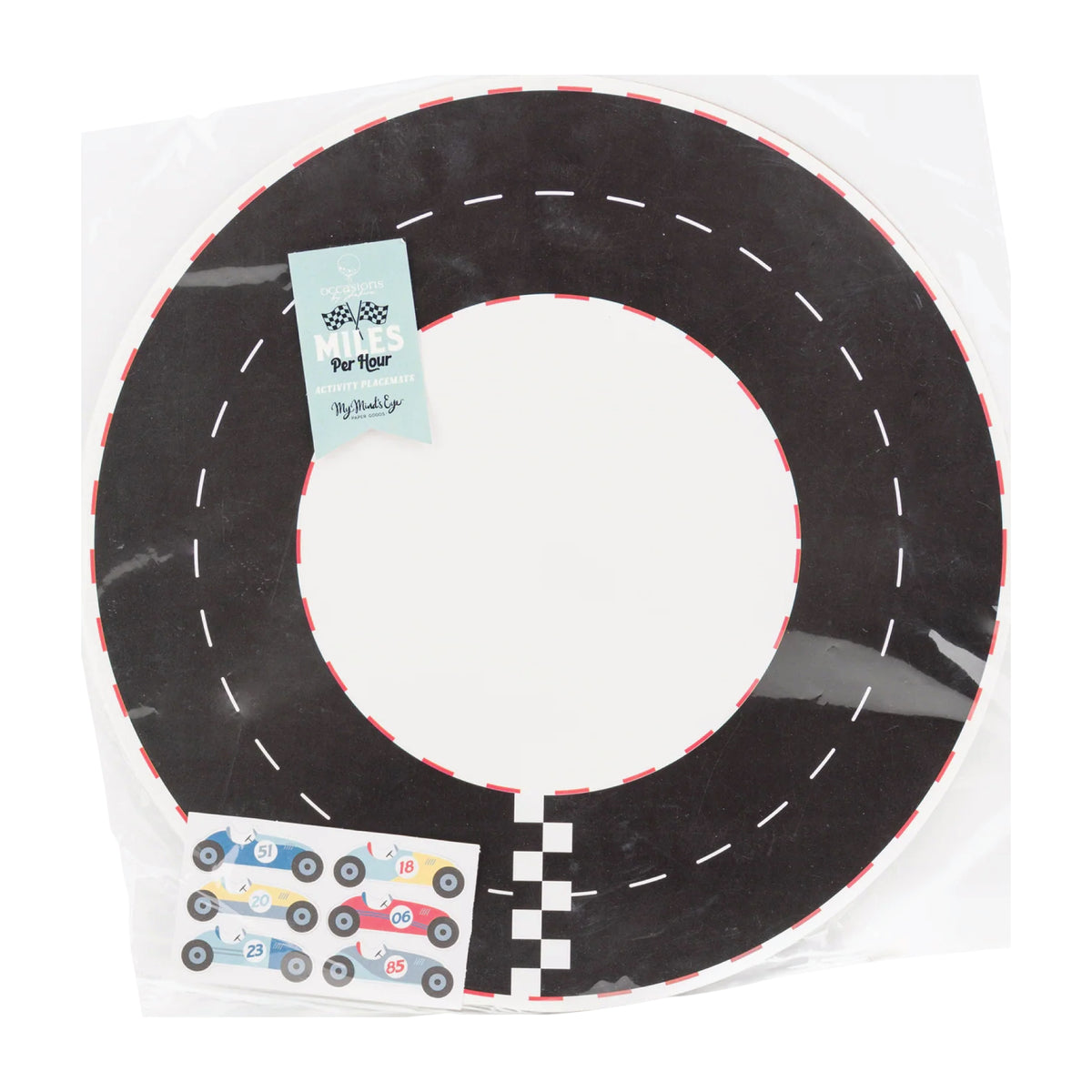 Round Race Track Placemats with Vintage Race Car Cutouts packaged