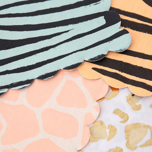 Zebra, Tiger, Giraffe, and cheetah Safari Animal Print Cocktail paper napkins with scalloped edges
