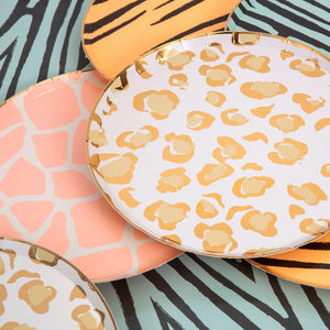 Safari Animal Print Paper Plates including a cheetah, giraffe, zebra, and tiger print designs.