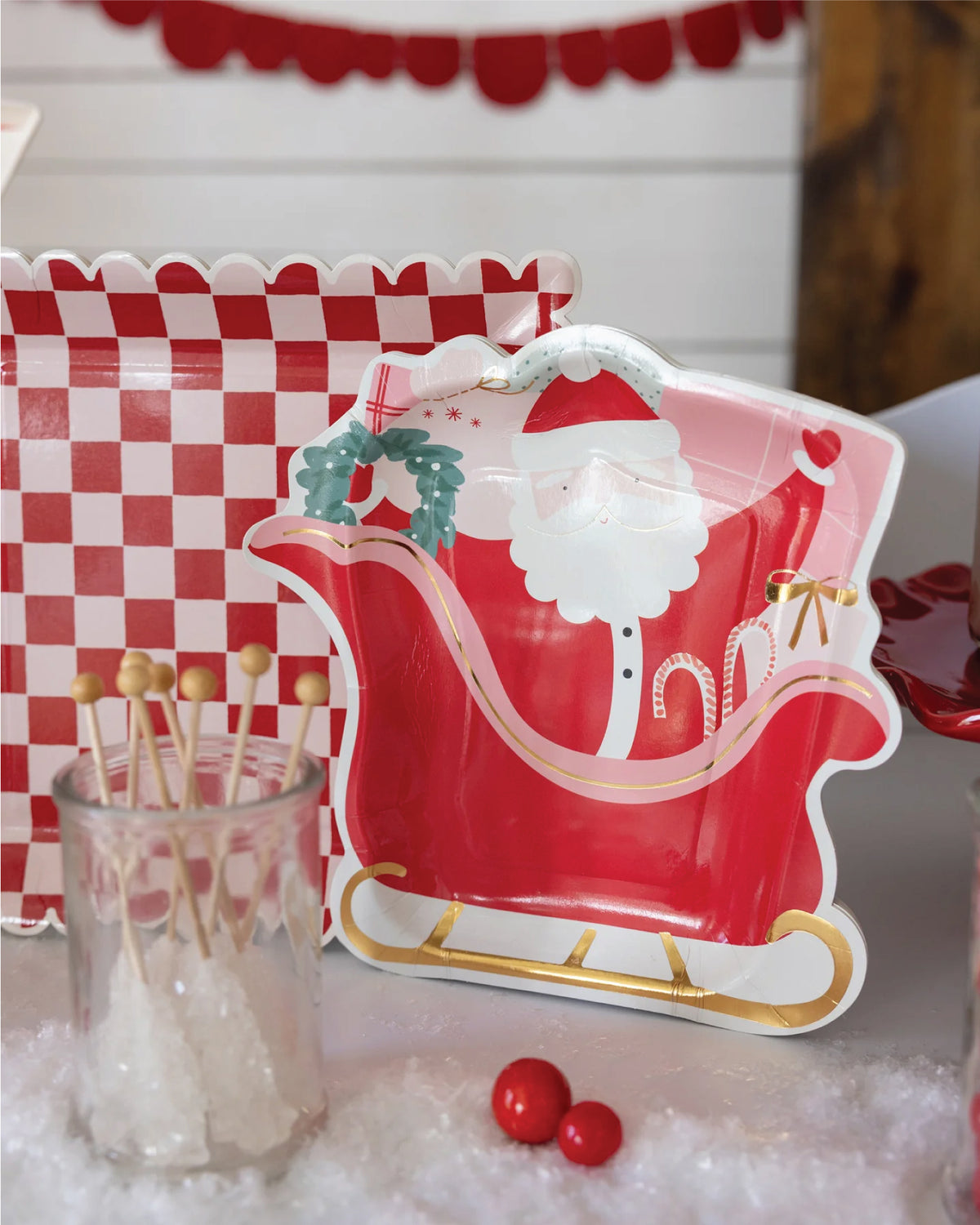 Pink &amp; Red Checkered Square Lunch Plate with a Santa Sleigh Plate | The Party Darling